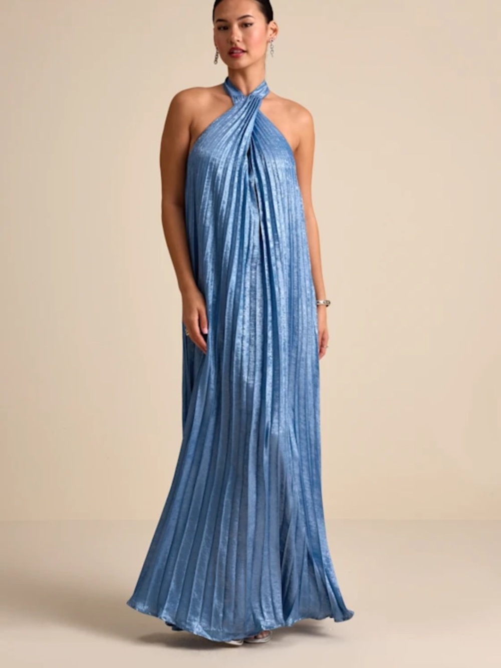 Lulu’s Gelsey Dusty Blue Pleated Halter Maxi Dress